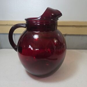96oz Vintage Anchor Hocking Royal Ruby Roly Poly Red Round Glass Pitcher